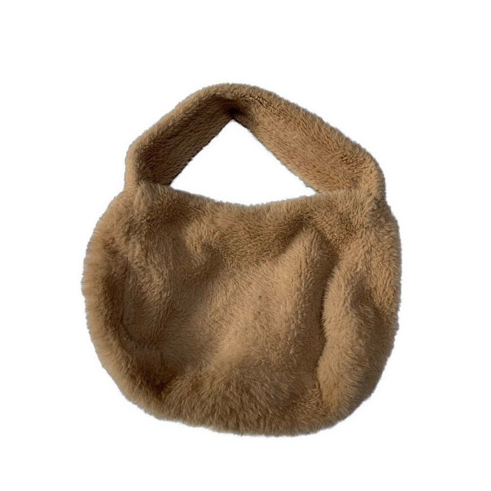Womens Vegan Faux Fur Solid Beige Brown Hand Bag Handbag Small
